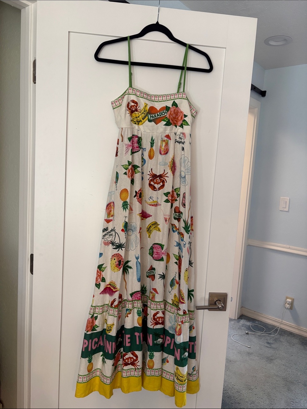 Rachel Zoe Tropical Print White Maxi Dress with Green Straps XS